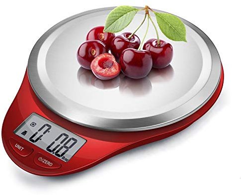 CAMRY Báscula de cocina digital Báscula de alimentos Báscula multifuncional Precisión 1 g Capacidad 5kg/11lbs Gran pantalla LCD Tara Auto Apagado Acero inoxidable(Rojo)