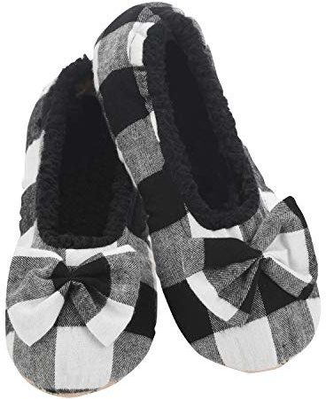 Snoozies Buffalo Plaid Ballerina Slippers for Women Indoor, Sherpa Fleece-Lined Womens Ballet Slippers (Black, Medium)