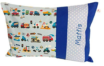 TryPinky® Kissenbezug 40 X 60 cmAutos auf Hellblau mit Name Namensstick Kinderkissen Namenskissen Jungen Auto Bagger Flugzeug Polizei Feuerwehr Autos Babykissen Taufe Kissenhülle 100% Baumwolle BW
