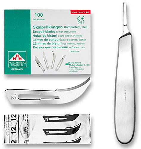 May Set bauchiger Skalpellgriff 13,5 cm mit 100x Klinge Figur 12 | Ergonomisches Bastelmesser-Set mit bauchigem Skalpellhalter und 100 sterilen Klingen (Figur 12)
