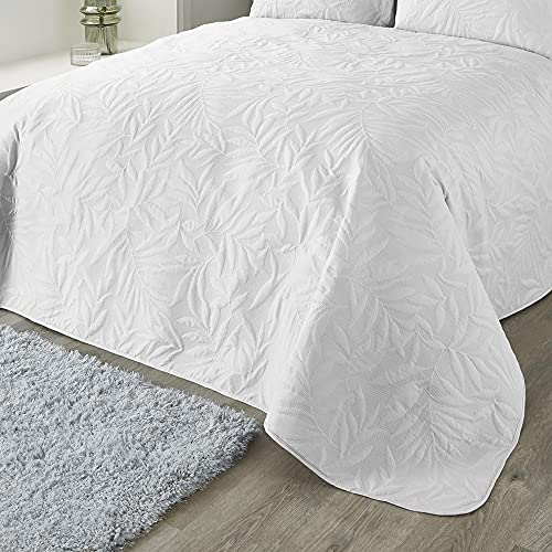 Serene - White Leaf Embossed Bedspread (230cm X 200cm) - Soft Touch - Microfibre - Leaf/Leaves Embroidery Quilted Bedspreads - White Floral Blanket/Bed Cover for Bed - Luana Collection