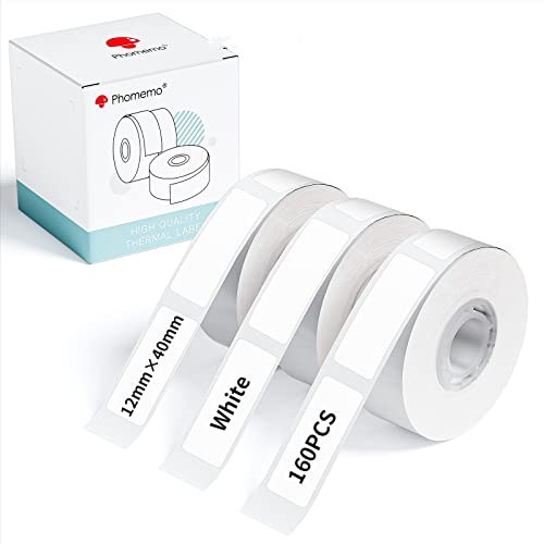 Phomemo D30 Label Paper,Label Tape for D30D/D30/D35 Printer,12x40mm,3 Rolls | Phomemo Thermal Label Suitable for File Folder Labels,School,Home,Name,160pcs/Roll,for Q30/D30/D35 Series