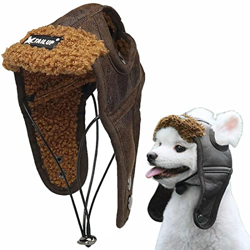 ITODA Mütze Hund Trappermütze Winter Hundemütze mit Ohrlöchern Fliegermütze Haustier Wintermütze Verstellbar Hundecap PU Leder Hundehut Warm Windschutz Haustiermütze Outdoor Fellmütze Welpen Katze