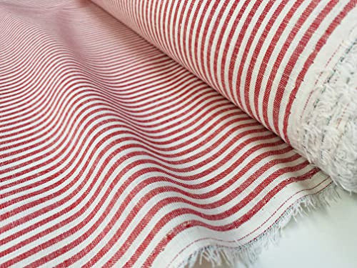 LushFabric Leinenstoff, gestreift, helles Baumwollmaterial, niedlich, gestreift, weiße Linien, Heimdekoration, Schneidern, 150 cm breit (Meterware) (rot)