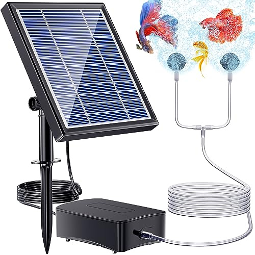 NFESOLAR Aquarium Air Pump Oxygenator, 3W Solar Air Pump with 2 Air Bubble Stones, Solar Pond Aerator up to 120 Gallons 3 Mode&No Noise Solar Aerator for Pond Stock Tank Fishing Hydroponics