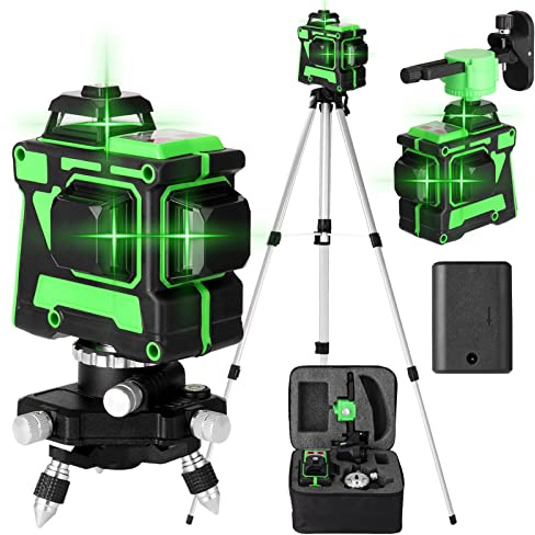 Geevorks 3D 12 Lines Laser Level Self Leveling(≤3°),Green Laser Line 30M with 1 * 2400 mAh Rechargeable Battery,Wall Mounted Bracket+360° Swivel Base+Tripod,Horizontal Lines for Tile Design
