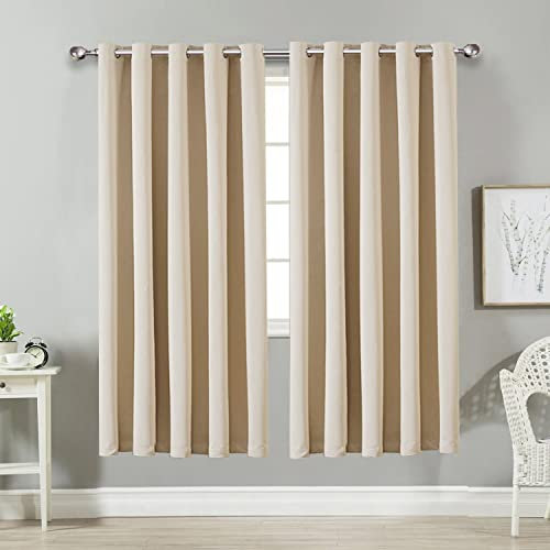 AMEHA Blackout Curtains for Living Room - Cream Bedroom Curtains Eyelet Thermal Insulated 46 x 54 Inch Drop Black Out Window Curtain Drapes with Matching Tie Backs Two Panels