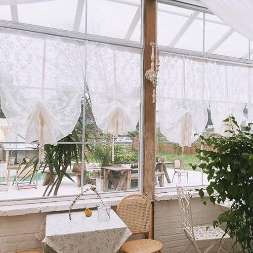 Devola Raffrollo Landhausstil transparent Leinengarn Raffgardinen Stickerei Blumen Gardine Faltvorhang mit Kordelzug Modern Rollo Schlaufenschal BxH 83x170cm Stangendurchzug Weiß 1er Pack