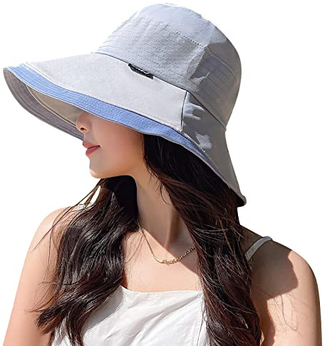 AIEOE Algodon Sombreros Playa Mujer Verano de Malla Transpirable Ajustable Plegable Sombrero ala Ancha Sol Gorras Sombreros protección UV Azul
