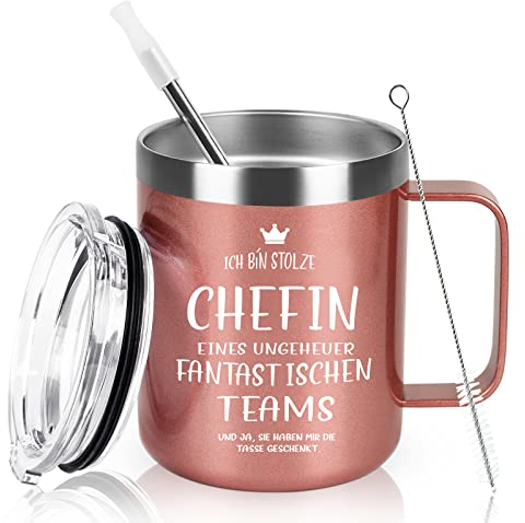 Livole Geschenk Chefin, Beste Chefin Geschenk - Ich Bin Stolze Chefin Eines Ungeheuer Fantastischen Teams - Tasse chefin, 350ml Kaffeebecher mit Henkel, 12oz Edelstahl Camping Becher, Roségold