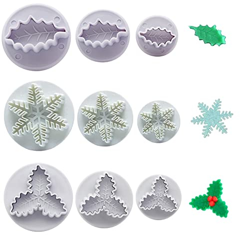 9Pcs Fondant Cookie Cutter Snowflake Fondant Mould Christmas Holly Leaf Cookie Cake Plunger Cutters Christmas Cake Decorating Tools for Baking Cooking Decorations