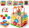 HELLOWOOD Wooden Activity Cube Baby Toys, 8-in-1 Montessori Educational Toy Set, Bead Maze Shape Sorter Abacus Xylophone Words & Clock Learning, STEM Toys for Boys Girls Toddlers Age 1 2 3