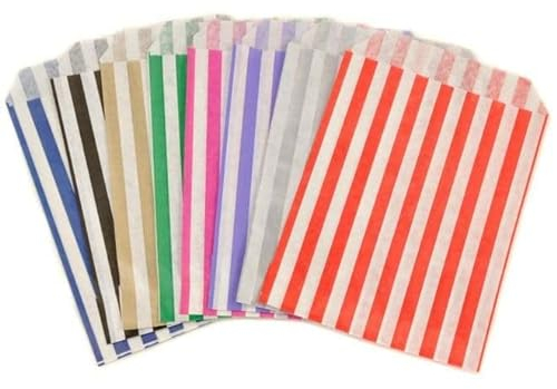 5x7 Pack of 100 Assorted Striped Paper Sweet Bags Ideal for Any Occasion & can be used as Party, Candy, Sweet, Gift, Popcorn, Small Paper bags (Mixed, 5x7-100 Bags)
