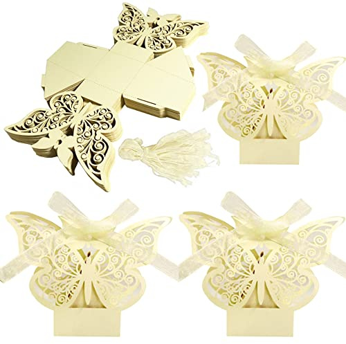 Liten bröllop godislåda – 50 stycken, presentförpackning med rosett för bröllop, födelsedag och fest (beige)