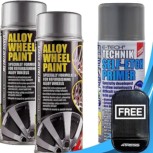4TRESS E-Tech 2 x 400ml Metallic Silver Alloy Wheel Spray Paint Chip Resistant Wheel Refurbishment, 1 x 400ml Self Etch Grey Primer (Total of 3 Cans) Non Slip Car Dash Mat