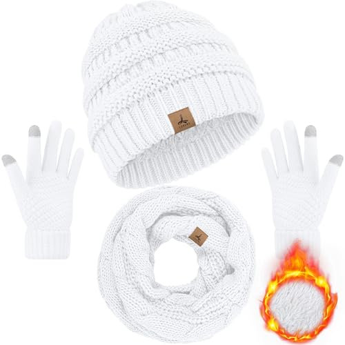 LOROME Winter Beanie Hat Scarf Gloves, Warm Fleece Knit Neck Scarf Set Gift