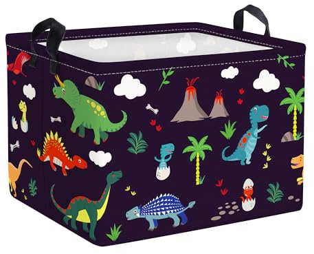 Clastyle Cestino Portaoggetti Dinosauro Triceratopo Albero Vulcano Ceste per la Biancheria Nero Giocattoli Rettangolare per Camera dei Bambini, 40x30x30 cm | Grande cesto portaoggetti per giocattoli, vestiti, libri, capacità di carico 25 kg, autoportante, impermeabile, pieghevole