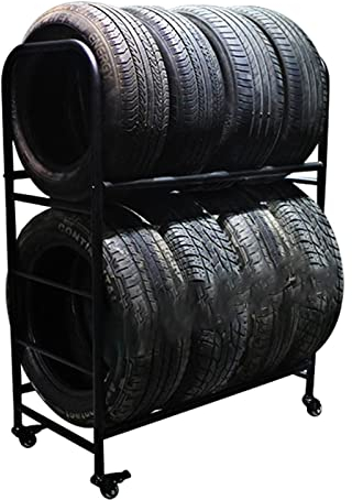 CMYUN Supports Pneus Support de Stockage de Pneus en Métal à 2 Niveaux avec 4 Roues, Support Résistant de Roulement de Pneu, pour Garage, Atelier, Contient 8 Pneus avec Jantes