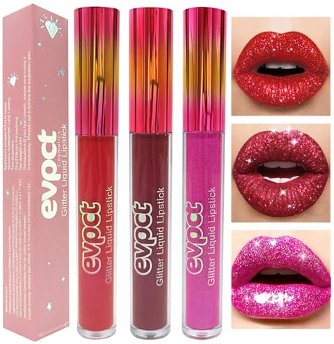 Likesing 3 Stück Glitzer Lippenstift Set Lipgloss 24 Stunden Halt Matte Lipstick Lip Gloss Long Lasting Lippenstift Pink Roter Nude Lip Balm Make up Damen Frauen Lipgloss Liquid Geburtstage Geschenk
