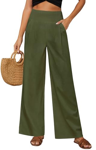 Niwicee Damen Sommer High Waist Weite Hose Leichte Sommerhose Palazzo Hose Elegant Streetwear für Frauen Mädchen-Grün-L