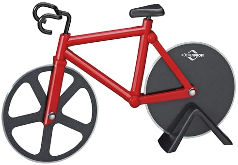 Küchenprofi Pizzaschneider BIKE, Rostfreier Edelstahl und Kunststoff, Antihaftbeschichtete Räder, Fahrrad-Pizzaroller mit Ständer, Für Pizza, Flammkuchen, Fladenbrot, Rot-Schwarz