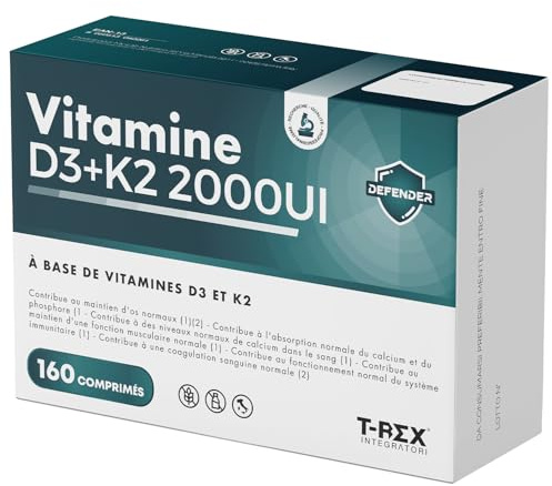 Vitamina D3 2000 UI + Vitamina K2 160 comprimidos de Alta Dosis para Articulaciones, Huesos, Dientes, Músculos, Sistema Inmunitario y Absorción de Calcio y Fósforo (160 Unidades (Embalaje de 1))