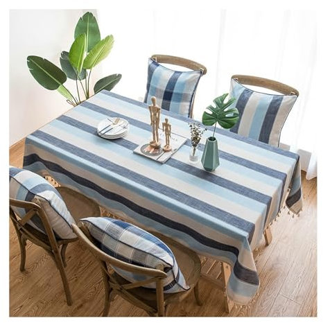 Lieson Tischdecke Rechteckig 140x200 cm, Polyester Tischtuch Abwaschbar Dreifarbige Gestreift mit Quasten Tischtuch für Couchtisch, Gartentisch, Dunkelblau Grau