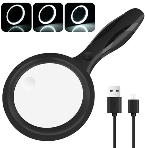 Lupe mit Licht, Afaneep 30x 60x Leselupe für Senioren Groß, 3 Modi Leselupe USB Handlupe 33 LED Vergrößerungsglas Leselupen mit Licht für Kind, Briefmarken, Münzen, Uhrmacher Inspektion(Schwarz)