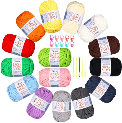 Pllieay Häkelgarn für Anfänger 15x 25g Klobiges Baumwollgarn Garn Häkel und Strickgarn für Anfänger, Grobes Dickes Baumwoll-Nylon-Mischgarn, Chunky Garn Zum Häkeln 15 Lebendige Farben