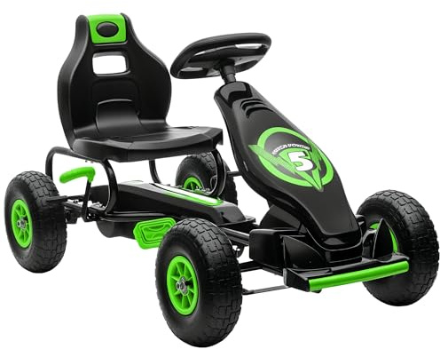 HOMCOM Kart Pedales Coche de Pedales para Niños de 5-12 Años con Asiento Ajustable Neumáticos Inflables Amortiguador y Freno de Mano Carga 50 kg Verde