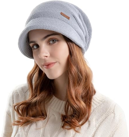 AYPOW Stickad säckig vintermössa för kvinnor, fleecefodrad, varm, termisk mössa med brätte, pullover, öronskyddshatt, basker, hatt, ”newsboy”-keps, daglig vintrig utomhushatt för damer, Ljusgrå, one