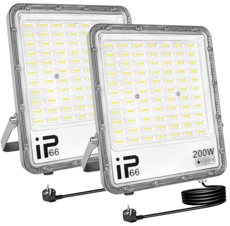 AUXTINGS 2 Pcs 200W Focos LED Exterior con Enchufe, IP66 Impermeable Foco Proyector LED 6000K Blanco Frío Floodlight 20000lm Iluminación de Seguridad para Casa, Garaje, Patio, Terraza, Campo