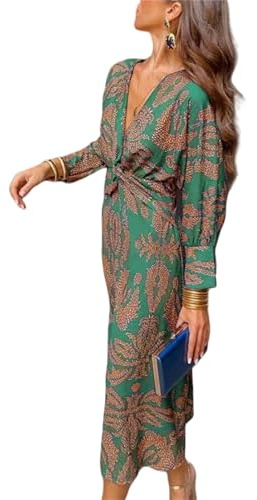 Long Sleeve Boho Dress,Floral Print Retro V Neck Cocktail Party Beach Maxi Wedding Dresses for Women