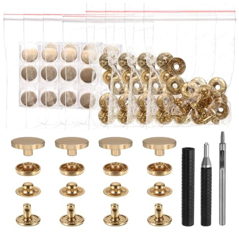 sourcing map 24 Set Leather Snap Fasteners Kit 17mm Metal Snap Button Press Studs Leather Rivets Snaps with 3 Setter Tools for Clothes Jackets Jeans Wears Bags, Gold