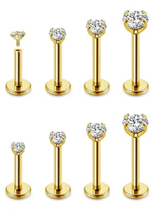 JSDDE 8 Stücke Labret Piercing Gold Set 2-5mm Zirkonia Lippenpiercing Conch Piercing Medusa Helix Tragus Piercing Knorpel Ohrringe Stud Gold 6-12mm