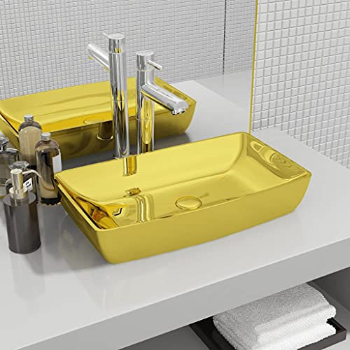 ShGaxin Lavabo, lavabo à poser sur plan de travail, lavabo de salle de bain, meuble de salle de bain, meuble lavabo, 71 x 38 x 13,5 cm céramique dorée