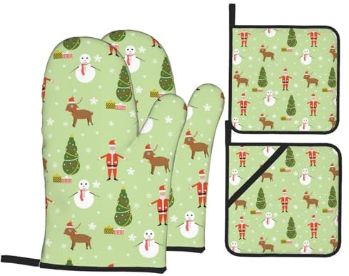 Ofenhandschuhe und Topflappen-Set, Weihnachten, Schneemann, Bäume, Hirsche, hitzebeständig, Küchen-Backhandschuhe, rutschfeste Oberfläche zum Kochen, Backen, Grillen, Grillen