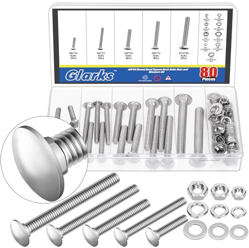 Glarks 80pcs M6 M8 M10 Carriage Bolts Screws, Round Head Square Neck Bolts Screws with Nuts and Washers for Machinery Industry