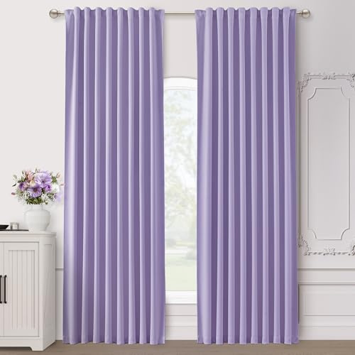 SHINELAND Verdunkelungsvorhänge, Lavendel, 244 cm lang, 2 Paneele, Verdunkelung für Kinderzimmer, Babyzimmer, Rückenlasche, plissiert, hellviolett, wärmeisoliert, Verdunkelungsvorhänge für