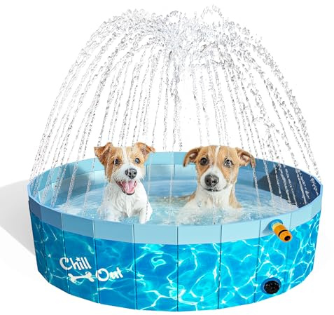 ALL FOR PAWS 120CM Großer Hundepool mit Sprinkler, 2-in-1 Klappbarer Hundeschwimm- und Spritzpool, Rutschfester Hartplastik-Splash-Pool für den Außenbereich, Garten, Hunde, Enten und Tierbäde