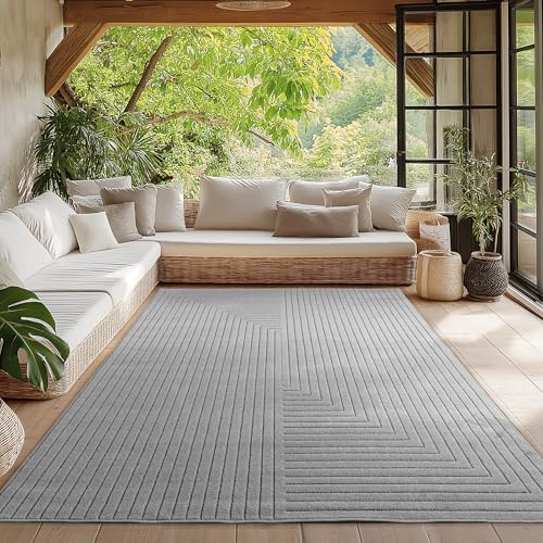 HomebyHome Kurzflor Teppich 120x170 cm Grau Wohnzimmer, Schlafzimmer, Küche, 3D Hoch-Tief-Effekt, Skandinavisch Boho Motiv, für Outdoor Bereich geeignet Terrassen oder im Balkon