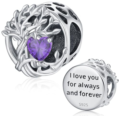 Pandora Charm Silber Charm 925 Silber Lebensbaum Charms Baum des Lebens Bead Stammbaum Geburtsstein des Monats Februar Charms Lila Zirkon für Anhänger Armbänder Familie Geschenke für Damen Mädchen