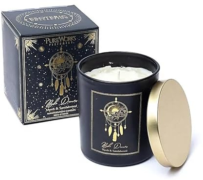 LivuX Manifestationsljus Boho Dreams 50 timmar – Glas med lock och ädelstenar, 9 x 7 cm, handgjutet av soja- och palmvax, myrra och sandelträdoft, meditations- och ritualljus 200 g 1261