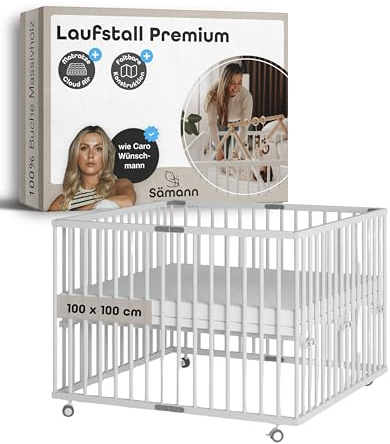 Sämann Laufstall faltbar Baby 100x100 cm mit Cloud Air Matratze | stufenlos höhenverstellbar | Laufgitter Premium | Babybett aus Holz | Krabbelgitter weiß