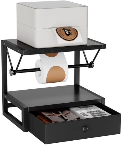 IBUYKE Porta etichetta per rotoli e pieghevoli, supporto termico in legno con cassetto porta stampante da scrivania per casa, ufficio, piccole imprese, nero TPS003B