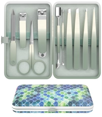ESSBES Set Manicure 10 in 1 in Acciaio Inox con Tagliaunghie, Forbici, Pinzette e Kit per la Cura Delle Unghie con Custodia da Viaggio (Verde)