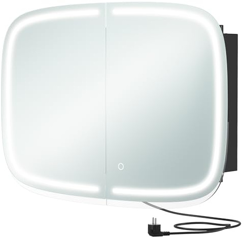 VASAGLE Armario de Baño de Pared con Espejo y Luz, Armario Colgante con 2 Tomas de CA y 2 Puertos USB, 2 Estantes Ajustables, Esquinas Redondeadas, Negro Tinta BBK128B01V1
