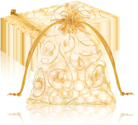 100 Pcs Gold Organza Gift Bags 9 x 7cm Drawstring Mesh Rattan Printed Favor Bags Sheer Mesh Jewelry Bag for Wedding Party Favors Jewelry Candy Gifts
