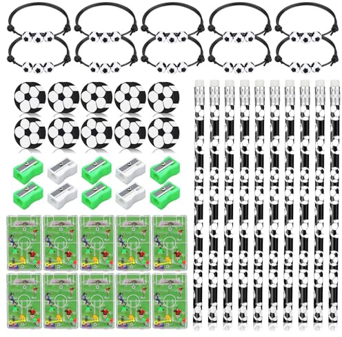 LMYEVYD 50 Stück Fußball Mitgebsel Kinder, Fußball Party Mitgebsel Kindergeburtstag Gastgeschenke mit Bleistifte, Radiergummi, Armbänder, Flipperspiel, Bleistiftspitzer für Jungen Kindergeburtstag