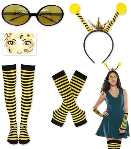 5 Pièces Déguisement Abeille, Costume D'abeille Adulte avec Bandeau Antenne Abeille Lunettes Gants Rayés Chaussettes et Autocollant D'abeille, Déguisement D’abeille pour Carnaval Fête Cosplay